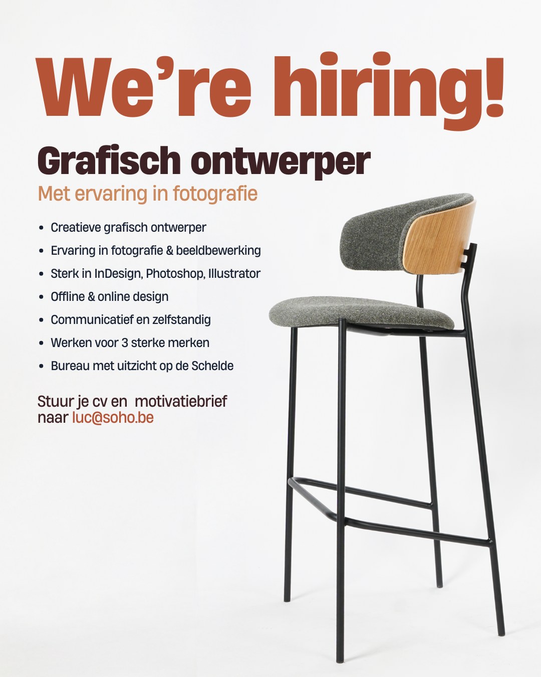 We're hiring!

We zijn op zoek naar een grafisch vormgever (met kennis van fotografie) om ons team te komen versterken. Ben jij helemaal thuis in Adobe Photoshop, Indesign & Illustrator? Dan ben jij de persoon de wij zoeken!

Meer info over deze vacature vind je via:
https://www.vdab.be/vindeenjob/vacatures/72621328/grafische-vormgever-ontwerper-met-ervaring-in-fotografie?source=vindeenjob&medium=vacaturedashboard